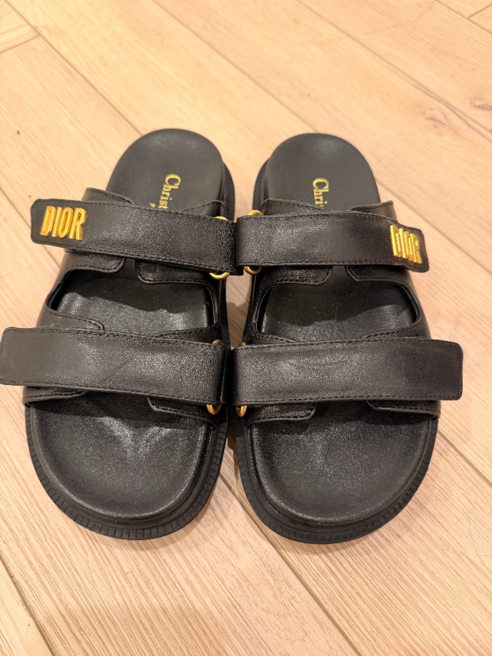 Black Leather Slide Sandals with Gold Logo